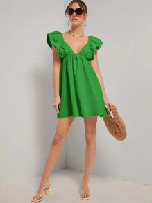 SHEIN Unity Flounce Sleeves & A-Line Hem Dress - Green - View 3
