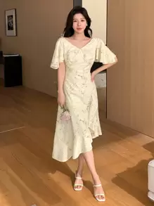 DAZY 女士植物印花荷叶边连衣裙吊带长裙碎花连衣裙 - 黃色 - 查看 5