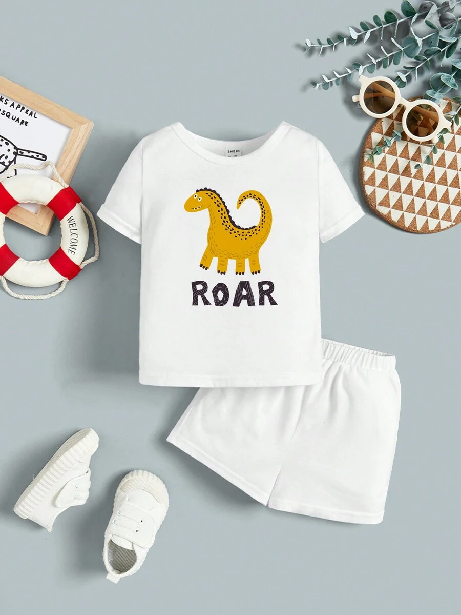 男童休閒簡約卡通印花短袖上衣短褲套裝,適合夏季 - 白色 - 查看 1