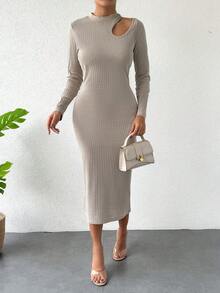 EURMUSE Cut-Out Detailed Rib Maxi Dress - Beige - View 4