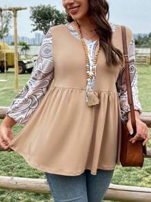 EMERY ROSE 大尺寸女士拼接巴西利印花襯衫,荷葉邊設計 - 彩色 - 查看 4