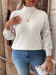Calvaya Plus Size Women's High Neck Sparkly Long Sleeve Sweater With Patchwork Design - White - View 3
