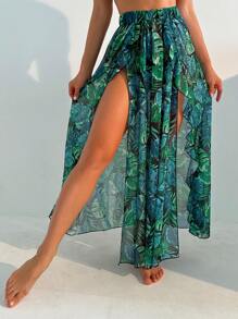 女士熱帶印花分裂式下擺遮陽衣 - 綠色 - 查看 3