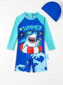 Young Boy Cute Letter & Shark Print One-Piece Swimsuit With Swimming Cap - Multicolor - View 3