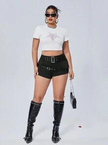 SHEIN ICON 大尺碼修身腰帶細節超短短褲 - 黑色 - 查看 3