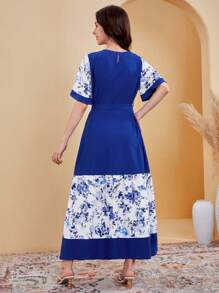 SHEIN Teen Girls' Floral Pattern Spliced Casual Dress - Blue and White - View 2