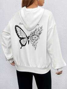 SHEIN EZwear Butterfly & Flower Print Loose Hoodie - White - View 1