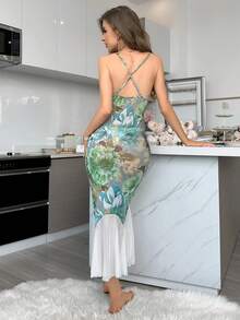 Women's Floral Printed Spaghetti Strap Homewear Dress - Green - View 2