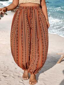 EMERY ROSE Pantalones Con Puños Elásticos Y Estampado Floral Para Mujer De Talla Grande