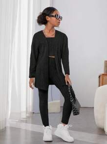 適合青少年女孩的城市優雅針織純色長袖開襟衫,搭配背心和針織褲裝套裝