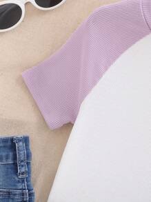 SHEIN Tween Girl Dinosaur Printed Color Block Raglan Sleeve Vacation & Casual T-Shirt - Mauve Purple - View 5