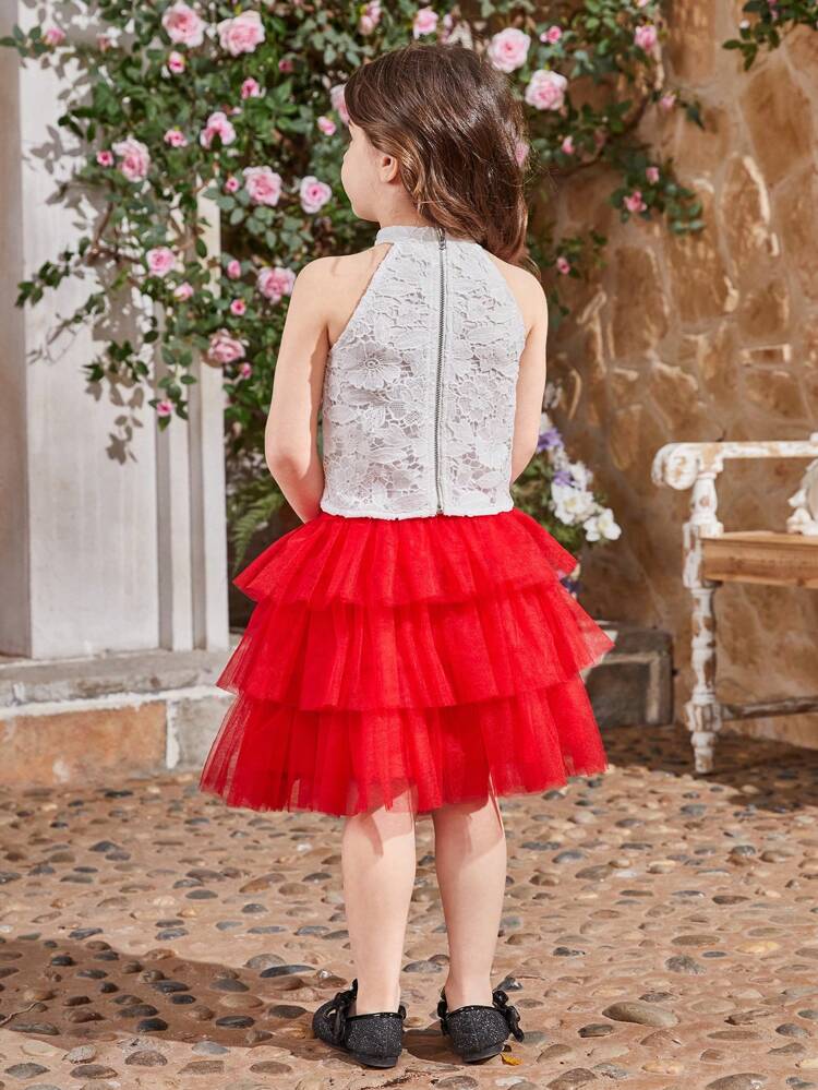 Young Girl Floral Embroidered Halter Top And Tiered Ruffle Mesh Skirt Set