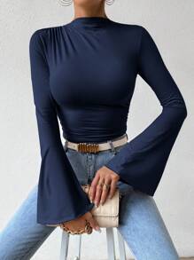 Almamuse 純色擴張袖子＆褶皺連身衣 - 寶藍色 - 查看 4