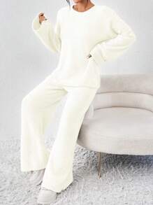 SHEIN Essnce 2pcs Solid Color Casual Sweater Set - Apricot - View 1