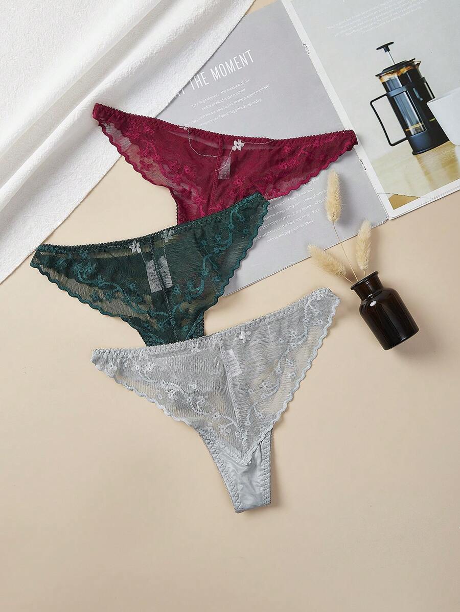 3 Piezas/juego De Lencería De Tanga De Encaje - Multicolor - Ver 1