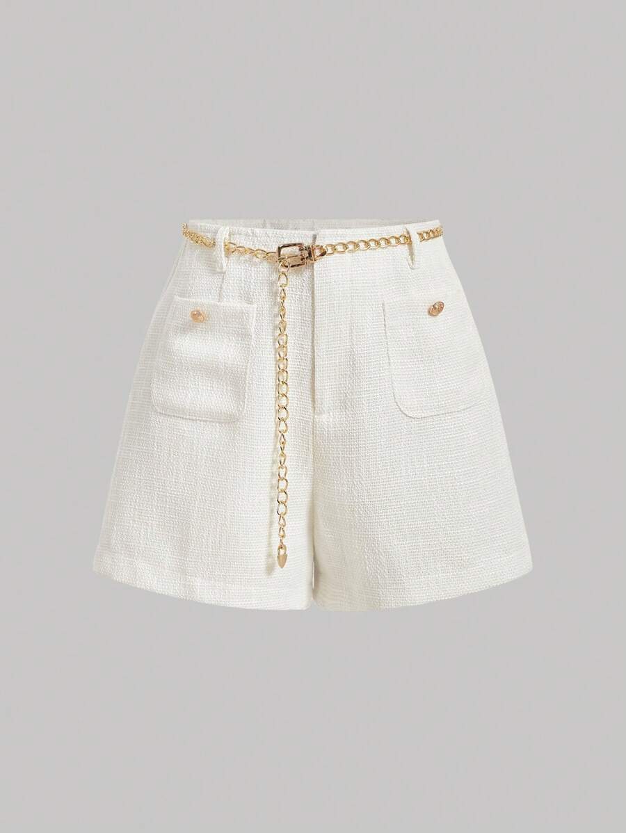 SHEIN MOD 女式優雅雙口袋短褲 - 杏色 - 查看 1