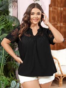 SHEIN Clasi 大尺碼女士蕾絲拼接翻領襯衫 - 黑色 - 查看 3