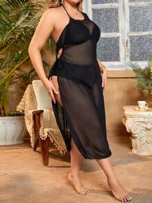 SHEIN Swim Curve Cubrecostilla asimétrico con cuello transparente y abertura lateral para tallas grandes, ideal para el verano
