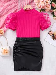 SHEIN Teen Girls' 3d Butterfly Mesh Puff Sleeves Ribbed Knit T-Shirt And Pleated Pu Leather Skirt Set - Multicolor - View 8