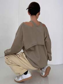 DAZY Sudadera de mujer con cuello asimétrico y hombros abiertos - Marrón - Ver 2