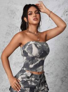 SHEIN SXY 紮染無肩帶牛仔上衣 - 彩色 - 查看 5