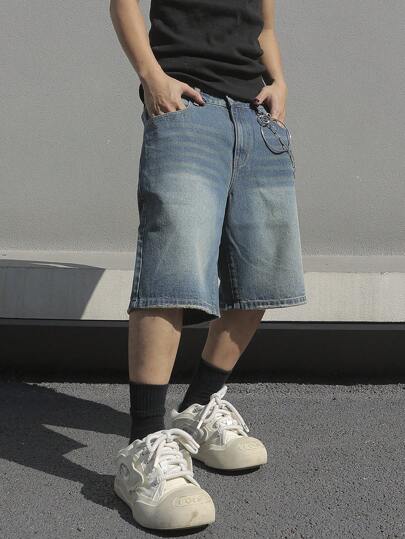 Manfinity EMRG 男士猫须设计宽松牛仔短裤外出纯色深蓝色宽松牛仔短裤，适合丈夫、男朋友的礼物