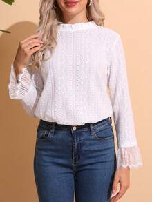 CheersLife Solid Color Long Sleeve Jacquard Knit Loose Casual T-Shirt - White - View 4