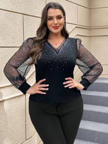 SHEIN Clasi Plus Size Women'S Long Sleeve Mesh Top With Shiny Sequin Patchwork - Black - View 5