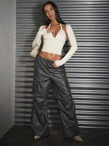 SHEIN BAE Quần dài bằng da cổ điển có đau khổ được giặt bằng da thẳng có túi 3d - màu đen - Xem 5