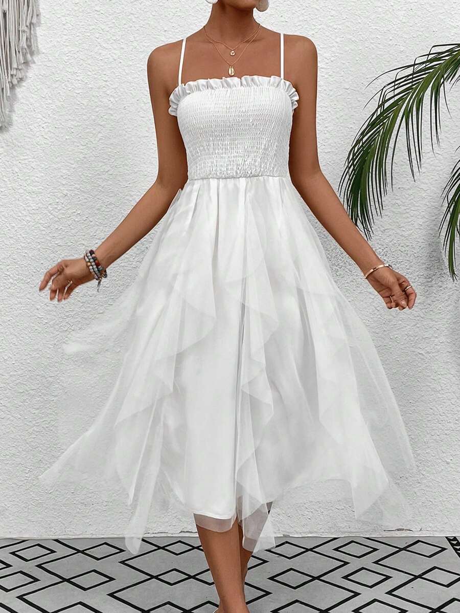 SHEIN VCAY 網紗拼接抽褶背心裙 - 白色 - 查看 1