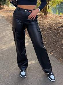 MYOURSA 翻盖口袋PU皮革工装裤 - 黑色 - 查看 1