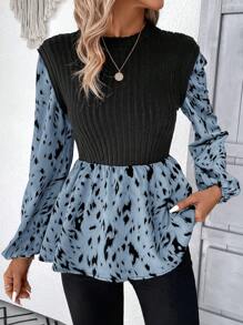 SHEIN LUNE 女士花卉拼接氣球袖上衣 - 藍色 - 查看 1