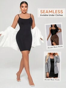 Women's Detachable Shoulder Straps Bodycon Tummy Control Short Dress - Black - View 3