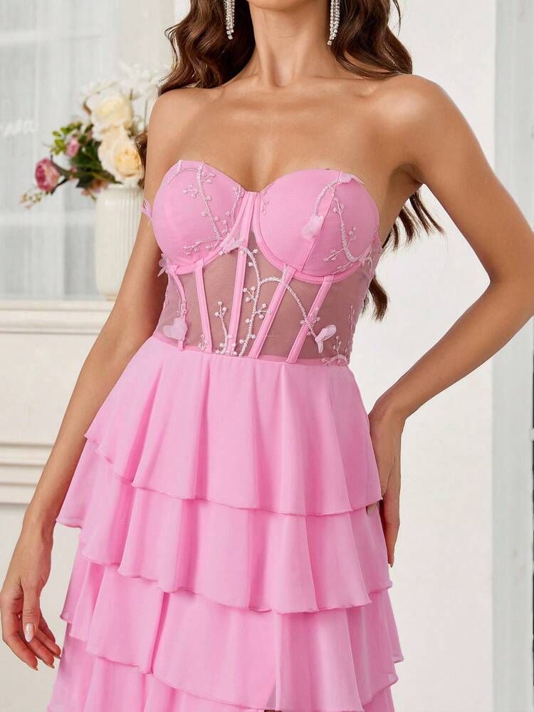 Elegant Pink Bust Applique High Slit Asymmetrical Layered Dress Formal Ball Gown For Women For Valentine's Day