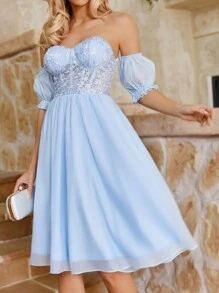 SHEIN Belle Light Blue French Lace Splicing Chiffon Tube Top Dress,Elegant Backless Puff Sleeve Strapless Cocktail Party Prom Dress For Wedding Guest Homecoming - Baby Blue - View 6