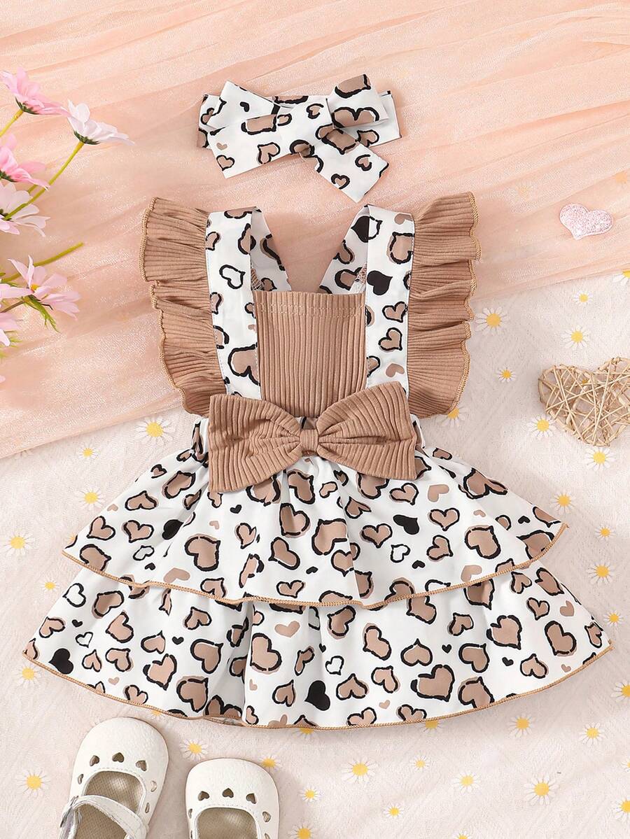 2入組嬰兒女童可愛心形拼接層疊荷葉邊裙連髮箍,休閒風格 - 棕色 - 查看 1