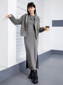 青少女天鵝絨連帽外套和連衣裙套裝,冬季 - 灰色 - 查看 4