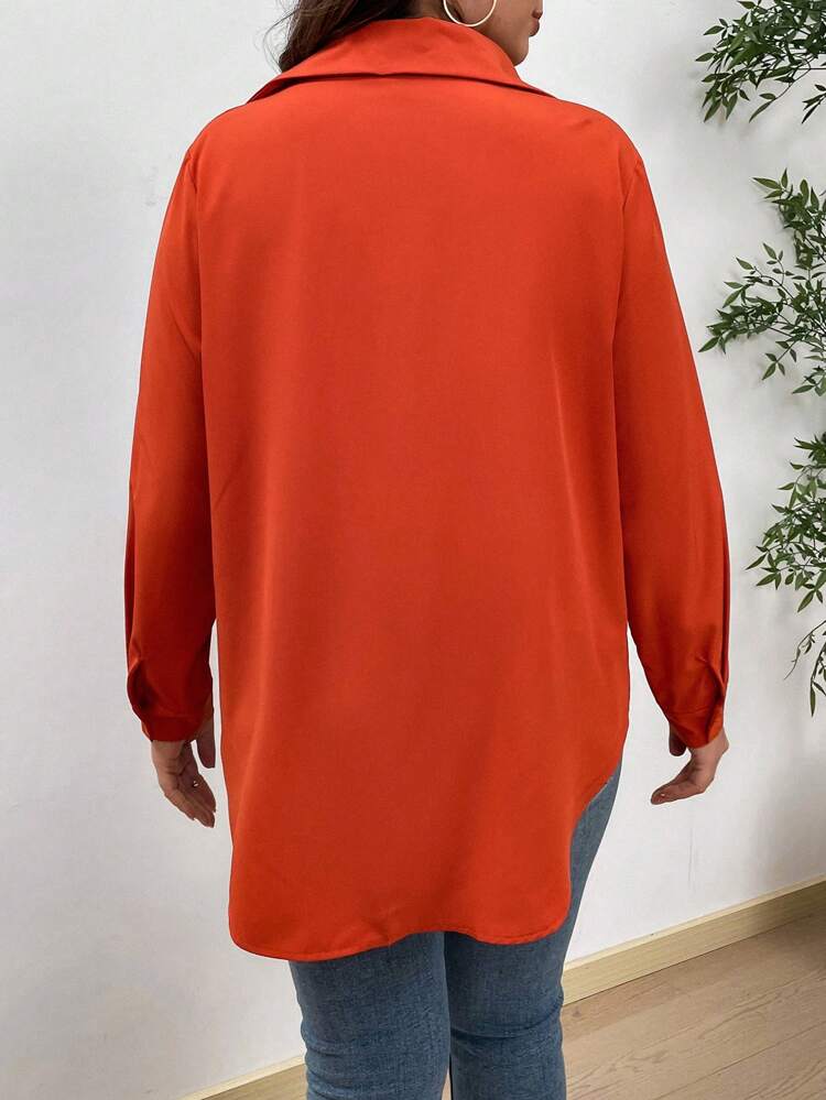 Plus Size Solid Color Rolled-Up Sleeve Shirt