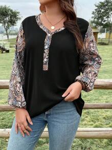 EMERY ROSE Plus Size Peacock Printed Lantern Sleeve Button Half Placket Blouse - Black - View 4