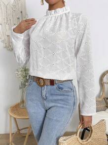 Chiquease Women's Stand Collar Long Sleeve Shirt With Frill Trim - White - View 1