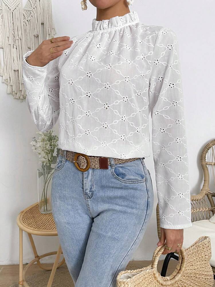 Women's Stand Collar Long Sleeve Shirt With Frill Trim