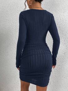 SHEIN Frenchy Plain Ribbed Knit Long Sleeve Dress With Sweetheart Neckline - Blue - View 2