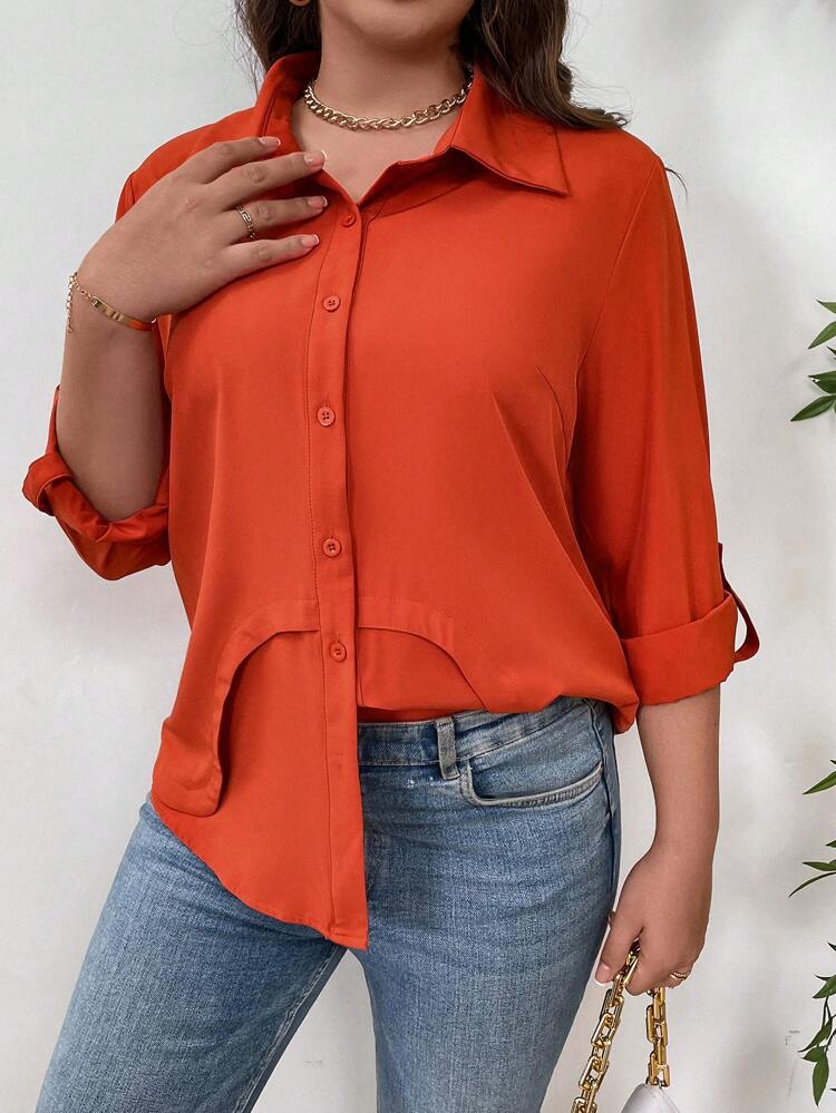 Plus Size Solid Color Rolled-Up Sleeve Shirt