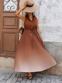 SHEIN Clasi Biến đổi dần Xếp li Không tay Váy sơ mi Không có Eo Thắt lưng - màu nâu - Xem 5