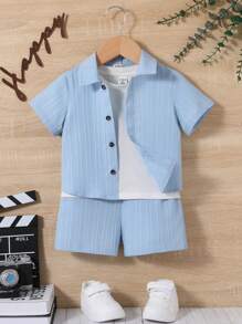 SHEIN Baby Boy'S Solid Color Shirt And Short Set - Dusty Blue - View 2