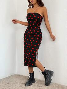SHEIN EZwear 女士黑色胸部上帶愛心針織連衣裙,情人節服裝 - 紅色和黑色 - 查看 6