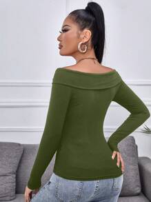 SHEIN SXY Solid Color Cross Off Shoulder Long Sleeve T-Shirt - Army Green - View 2