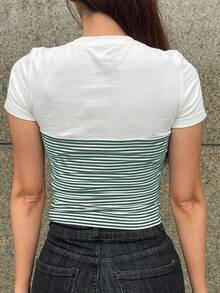 DAZY 顏色拼接條紋短袖t卹 - 綠色 - 查看 2