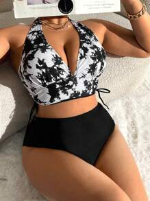 Swim Lushoire Summer Beach Plus Size Tie-Dye Halter Top And Solid Color Bottom Bikini Set Carnival - Black and White - View 1