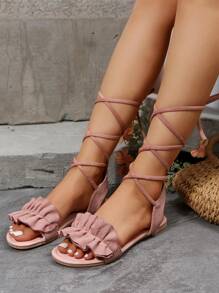 Women's Flat Strappy Sandals With Open Toe, Cross Strap Detailing And Roman Style - Pink - View 1